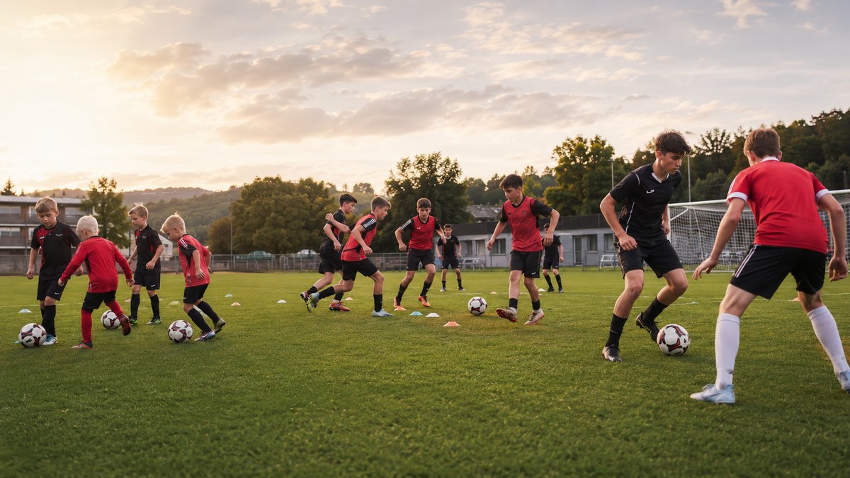 Reale Jugendspieler beim Fußballtraining als Symbol für Entwicklungspfad und Talentförderung